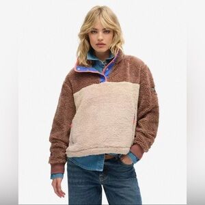 NEW Superdry Cozy Colorblock Sherpa Pullover Jacket - Brown & Cream